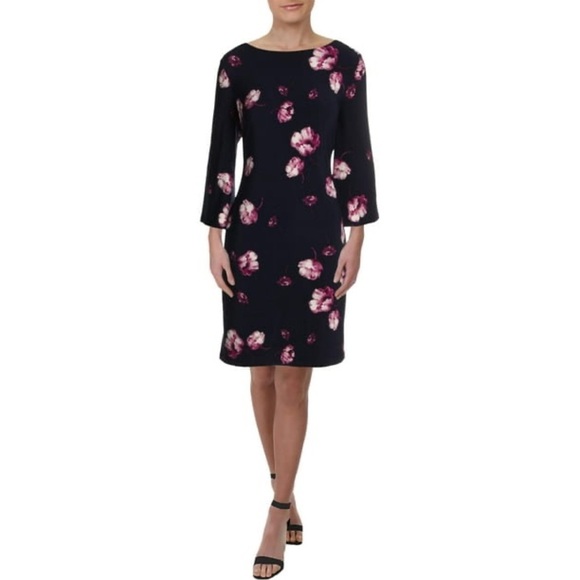Lauren Ralph Lauren Navy & Pink Floral Print  Midi Dress 3/4 Sleeves Scoop Neck - Picture 1 of 10